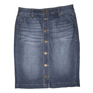 One 5 One Sz M Womens Button Front Denim Skirt Dark Blue Cotton Poly Spandex